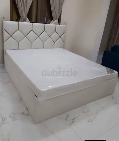 Modern White Upholstered Bed with Geometric Headboard and Mattress