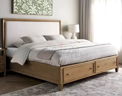 Wooden Storage Bed with Upholstered Headboard - Queen/King (Good Condition)