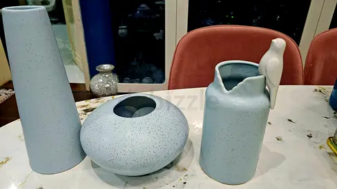 Set of 3 Ceramic Decorative Vases in Light Blue with Bird Accent