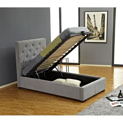 Grey Fabric Ottoman Storage Bed with Tufted Headboard - Single