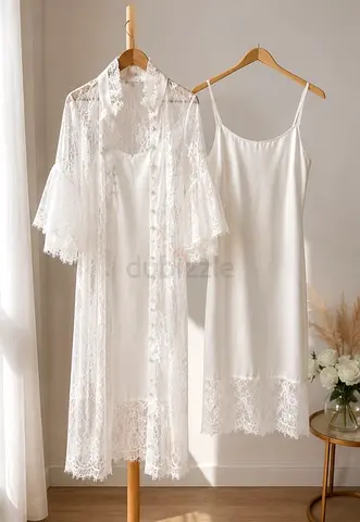 Elegant Ivory Silk Satin Fitted Dress with Lace Cover-Up | 2-Piece Set, Size S