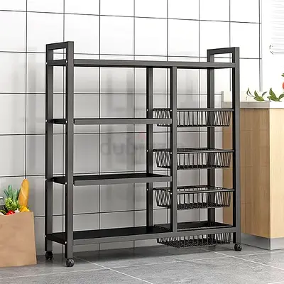 4-Tier Heavy Duty Metal Storage Shelving Unit, Black, with 4 Mesh Baskets and Movable Wheels, for Ki