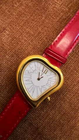 Heart-shaped womens wristwatch with red leather strap, gold-tone case