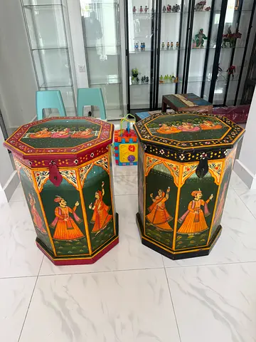 Pair of Hand-Painted Rajasthani Wooden Storage Chests / Side Tables – Vintage Indian Decor
