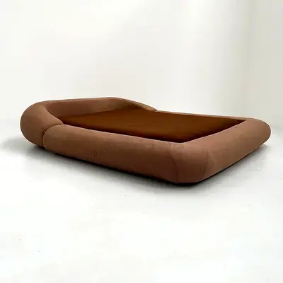 Low modern upholstered platform bed - brown, king/large size