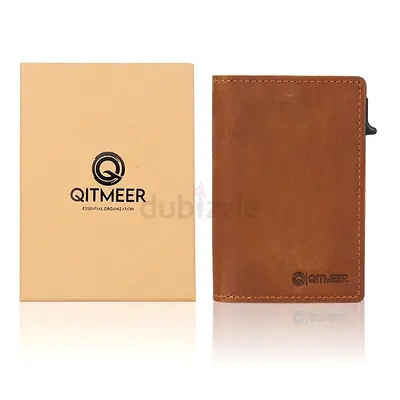 Brown QITMEER RFID Leather Wallet with Box - Compact Card Holder