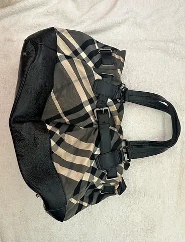 Large Authentic Burberry Vintage Nylon and Patent Leather — Check Handbag With Black Leather Trim