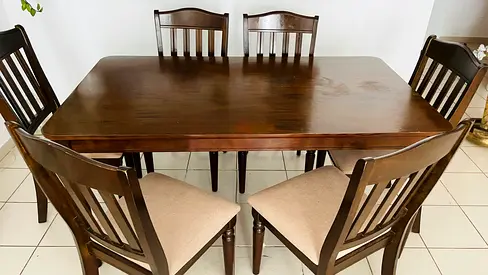 Solid Wood 6-Seater Dining Table with Cushioned Chairs - Dark Brown