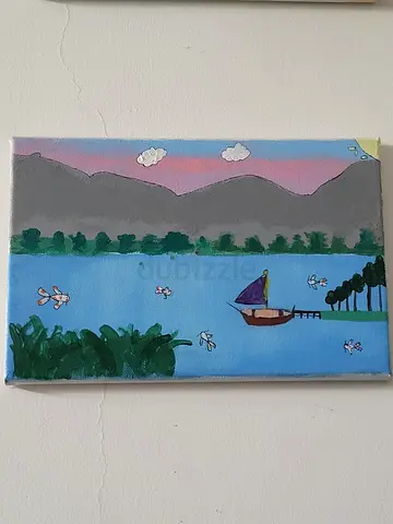 MOVING OUT SALE: Hand-painted Small Landscape Canvas - Boat on Lake