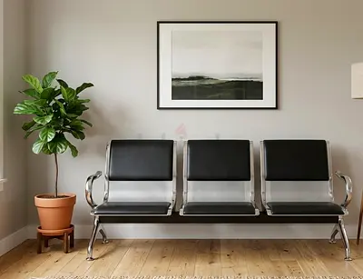 Three-seater metal waiting room bench with black cushions