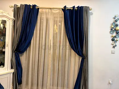 Navy Blue and Grey Grommet Curtains with Sheer Panel - Set
