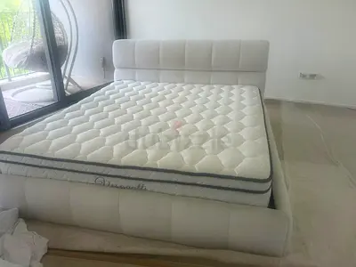 Beige Upholstered King Bed Frame with Mattress - Good Condition