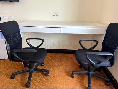 White Wall-Mounted Double Drawer Desk with 2 Black Office Chairs