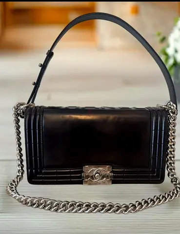 Authentic CHANEL REVERSO BLACK 2 WAY LEATHER BOY BAG
