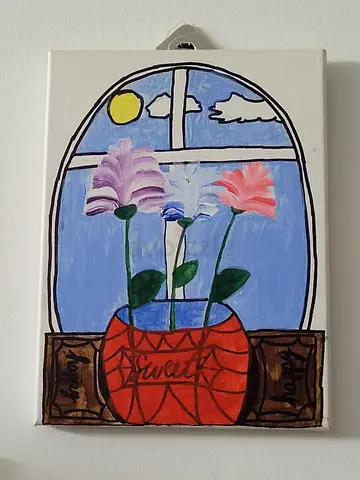 MOVING OUT SALE: Hand-painted floral canvas art with window scene (small)