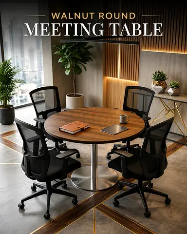 Walnut Round Meeting Table – Modern Office Table with Chrome Base