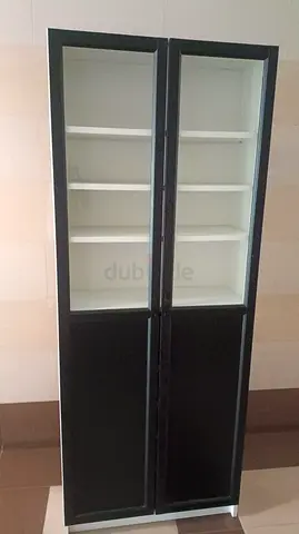 Tall Black  White Display Cabinet with Shelves - Good Condition
