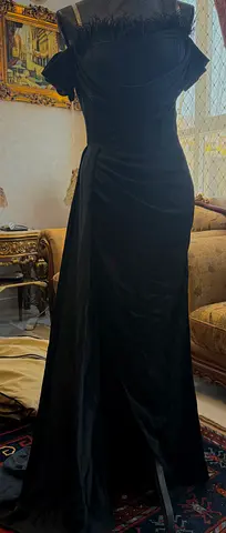 Elegant Black Off-Shoulder Evening Gown with Feather Detail