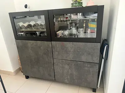 Modern Buffet Cabinet with Glass Doors and Concrete Look Finish