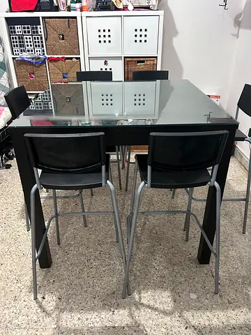 Ikea Bjursta dining table with 6 high stool chairs