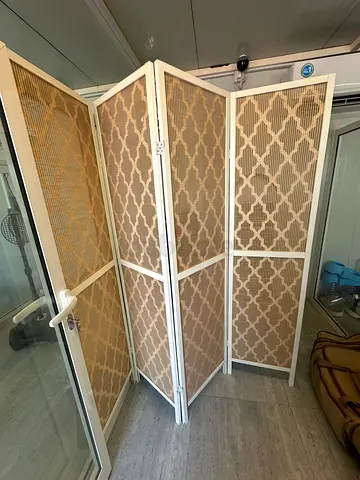 Folding Room Divider Screen - White Frame with Beige Patterned Panels