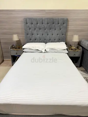 Grey Button-Tufted Headboard Bed Frame with mattress and side tables - Queen Size