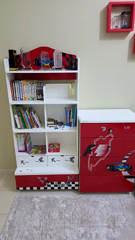 Childrens White Storage Shelf Unit with Red Racing Car Design — Good Condition