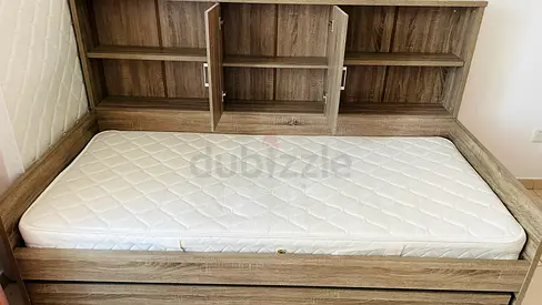 Single Bed with Trundle bed frame with built-in shelves (Mattress not included)