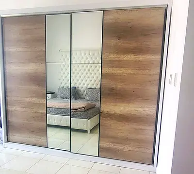 Large Sliding Wardrobe with Mirror Panels - Wood Finish