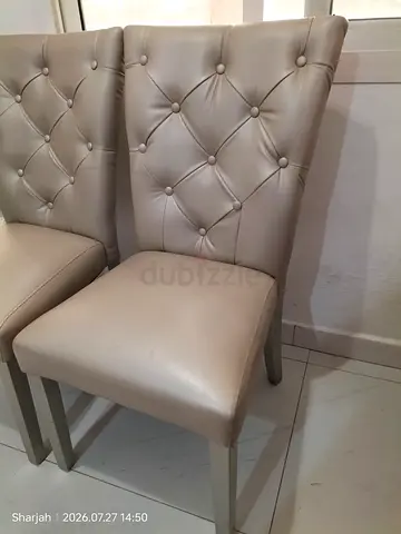 Set of 6 Padded Button-Tufted Dining Chairs in Beige Faux Leather