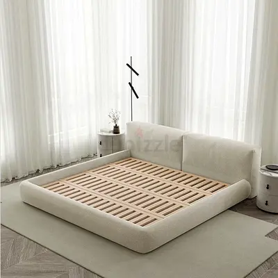 Low-profile Upholstered Platform Bed Frame with Padded Headboard - Beige