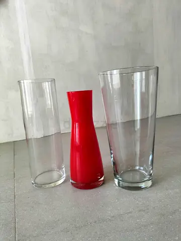 Set of 3 Decorative Glass Vases (Clear + Red) — Good condition