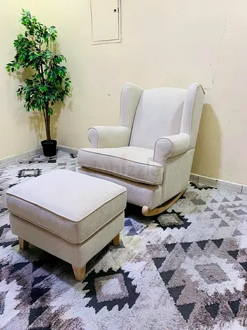 Beige Upholstered Wingback Rocking Chair with Ottoman — Good Condition