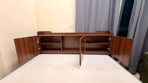 Wall-mounted headboard storage with shelves and cupboard - walnut finish