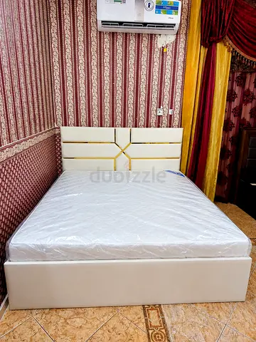 Off white king size upholstered bed frame with mattress - cream/white