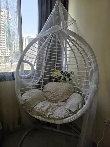 White Rattan Hanging Egg Chair with Cushion and Mosquito Net