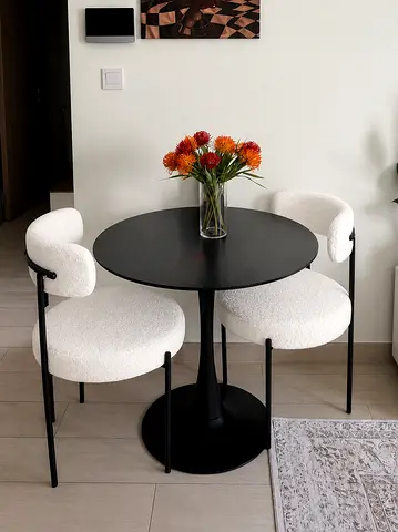 Modern 2 person dining set - Round Black Table + 2 Boucle Chairs