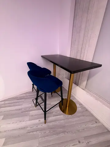 Small bar table with two blue velvet stools