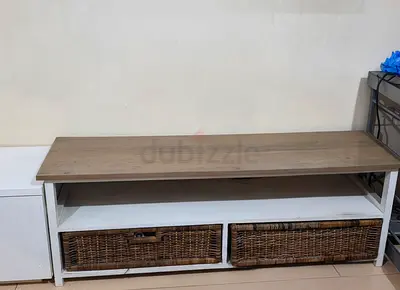 Wooden TV Table/ Storage Bench with Wicker Baskets - White Oak..