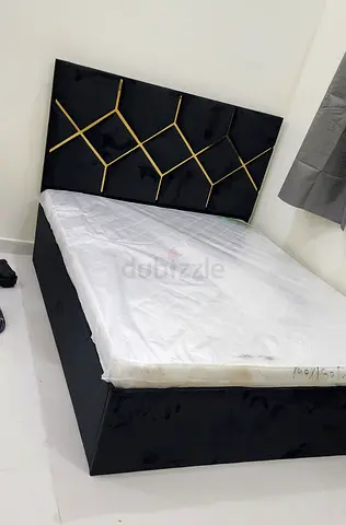 New Black Velvet Ottoman Queen Bed with Geometric Gold Headboard and Mattress