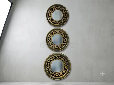 Set of 3 Round Ornate Decorative Wall Mirrors - Gold/Antique Finish - 25cm
