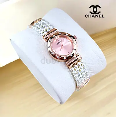 Chanel-inspired Womens Pearl Strap Watch - Rose Gold Dial