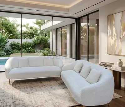 Pair of Modern Curved White Bouclé Sofas -  and 3+3Seater