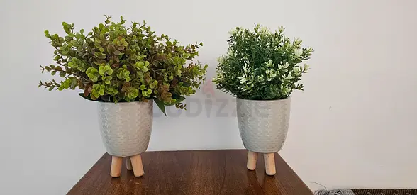 Pair of Small Decorative Faux Plants in Grey Wooden Stand Pots