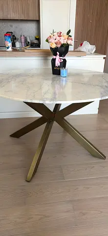 Round Marble-Top Dining Table with Metal Star Base