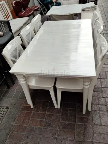 White Wooden Dining Table with 6 Chairs - Solid  Clean Design