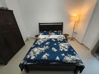 Dark wood double bed frame with mattress - good condition