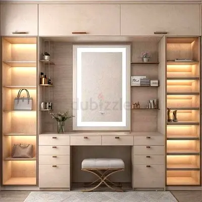 Built-in bedroom wardrobe with vanity and LED shelving