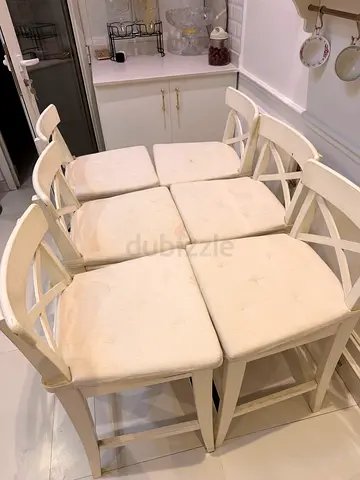 Set of 6 IKEA Cream Padded Wooden Dining Chairs - Used