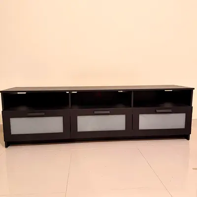 Dark wood TV entertainment unit with 3 drawers and open shelves
